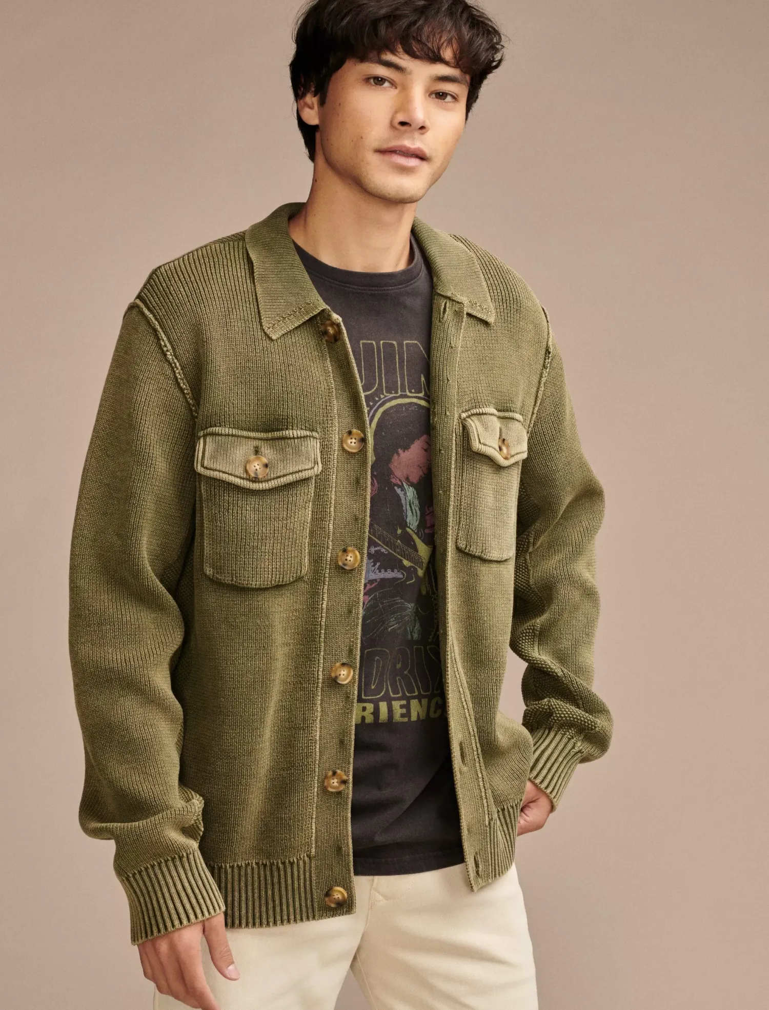 Lucky Brand acid wash button through sweater cardigan olive night acidwash*MEN Sweaters