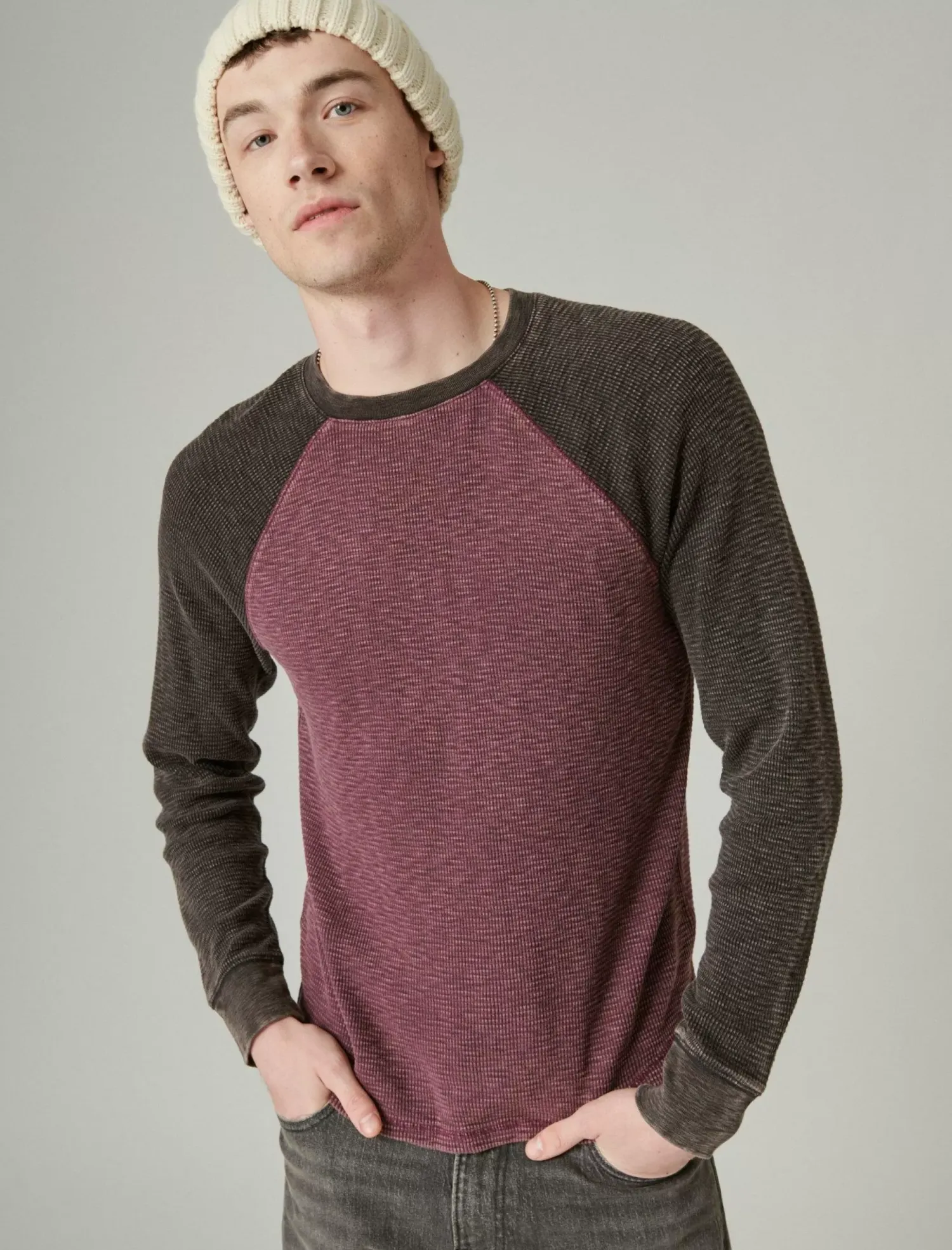 Lucky Brand acid wash colorblock thermal crew burgundy multi*MEN Shirts & Tops