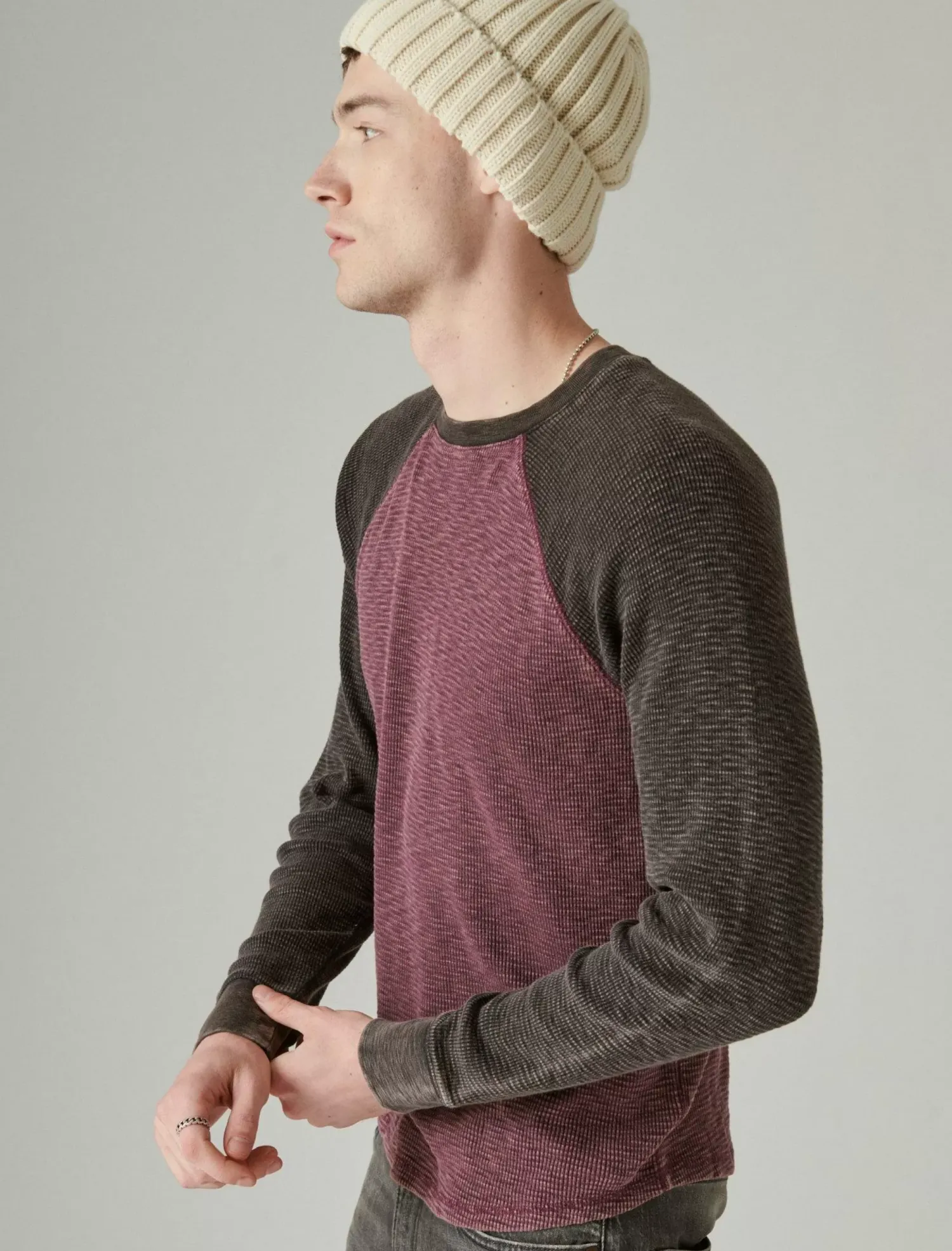 Lucky Brand acid wash colorblock thermal crew burgundy multi*MEN Shirts & Tops