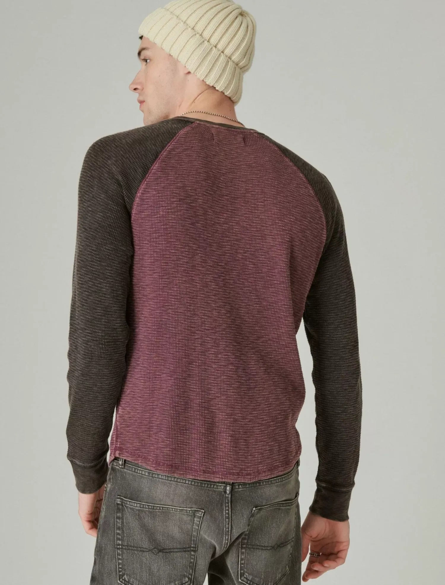 Lucky Brand acid wash colorblock thermal crew burgundy multi*MEN Shirts & Tops