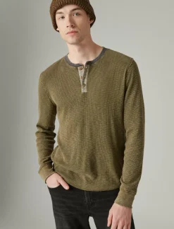Lucky Brand acid wash thermal henley w/ contrast placket green multi*MEN Shirts & Tops