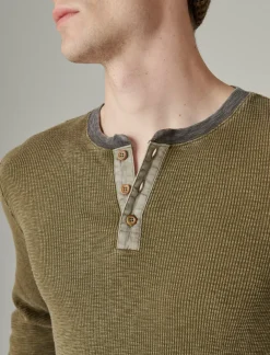 Lucky Brand acid wash thermal henley w/ contrast placket green multi*MEN Shirts & Tops