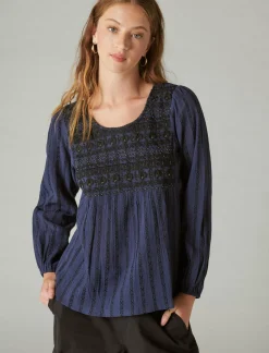 Lucky Brand beaded embroidered peasant top navy*WOMEN Blouses