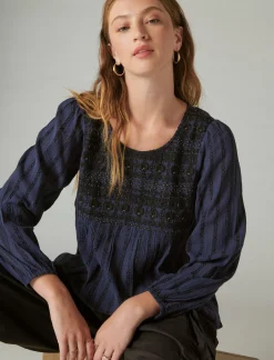 Lucky Brand beaded embroidered peasant top navy*WOMEN Blouses
