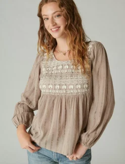 Lucky Brand beaded embroidered peasant top silver*WOMEN Blouses