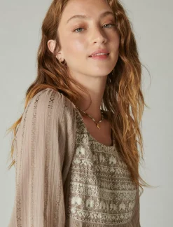Lucky Brand beaded embroidered peasant top silver*WOMEN Blouses