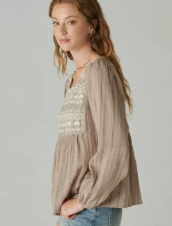 Lucky Brand beaded embroidered peasant top silver*WOMEN Blouses