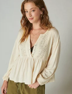 Lucky Brand beaded embroidered pintuck peplum top sand dollar*WOMEN Knit Tops|Blouses