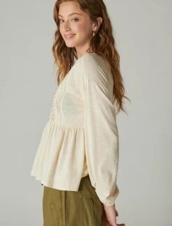 Lucky Brand beaded embroidered pintuck peplum top sand dollar*WOMEN Knit Tops|Blouses