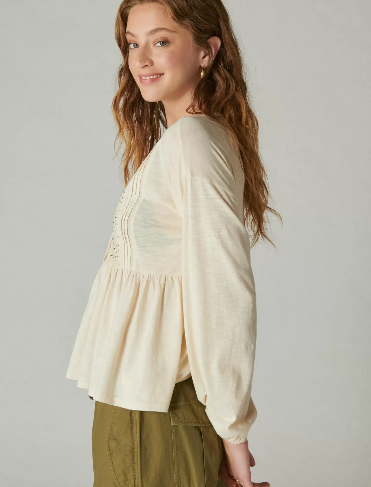 Lucky Brand beaded embroidered pintuck peplum top sand dollar*WOMEN Knit Tops|Blouses