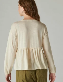 Lucky Brand beaded embroidered pintuck peplum top sand dollar*WOMEN Knit Tops|Blouses