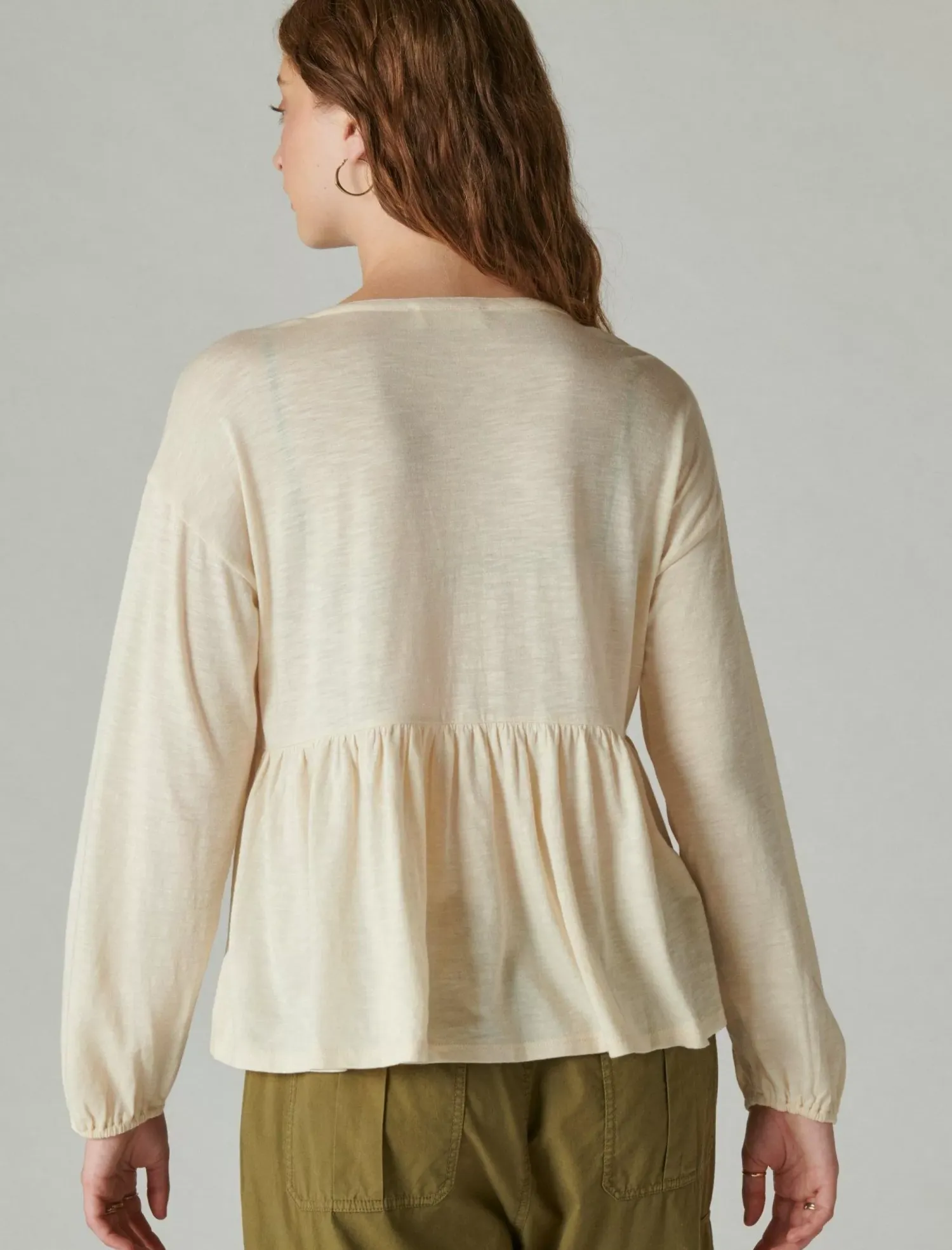 Lucky Brand beaded embroidered pintuck peplum top sand dollar*WOMEN Knit Tops|Blouses
