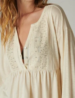 Lucky Brand beaded embroidered pintuck peplum top sand dollar*WOMEN Knit Tops|Blouses