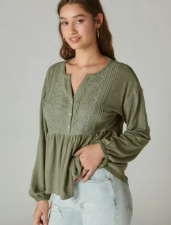 Lucky Brand beaded embroidered pintuck peplum top balsam green*WOMEN Knit Tops|Blouses