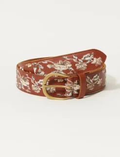 Lucky Brand border cream floral emb belt dark brown*WOMEN Belts