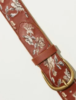 Lucky Brand border cream floral emb belt dark brown*WOMEN Belts