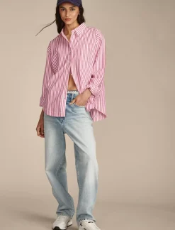 Lucky Brand boyfriend prep shirt pink stripe*WOMEN Blouses
