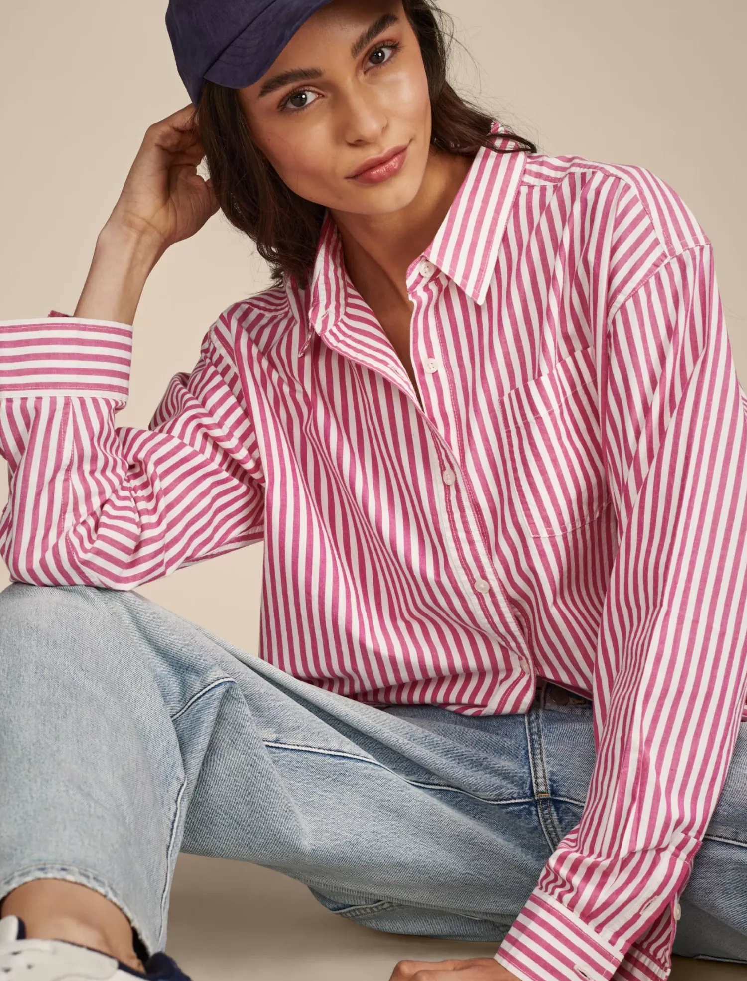 Lucky Brand boyfriend prep shirt pink stripe*WOMEN Blouses