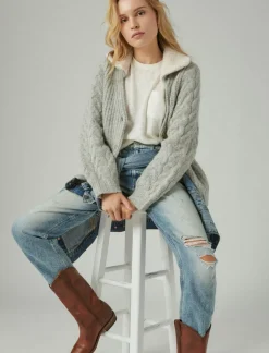 Lucky Brand cable collared cardigan light heather grey*WOMEN Sweaters & Sweatshirts