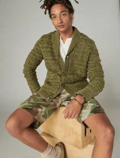 Lucky Brand cable knit cardigan drk olive acid wash*MEN Sweaters