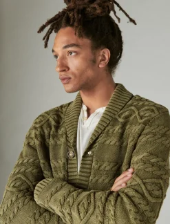 Lucky Brand cable knit cardigan drk olive acid wash*MEN Sweaters