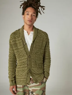 Lucky Brand cable knit cardigan drk olive acid wash*MEN Sweaters