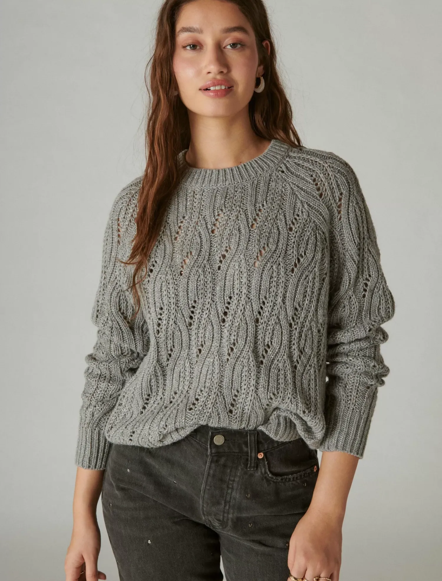 Lucky Brand cable stitch shine pullover medium heather grey*WOMEN Sweaters & Sweatshirts
