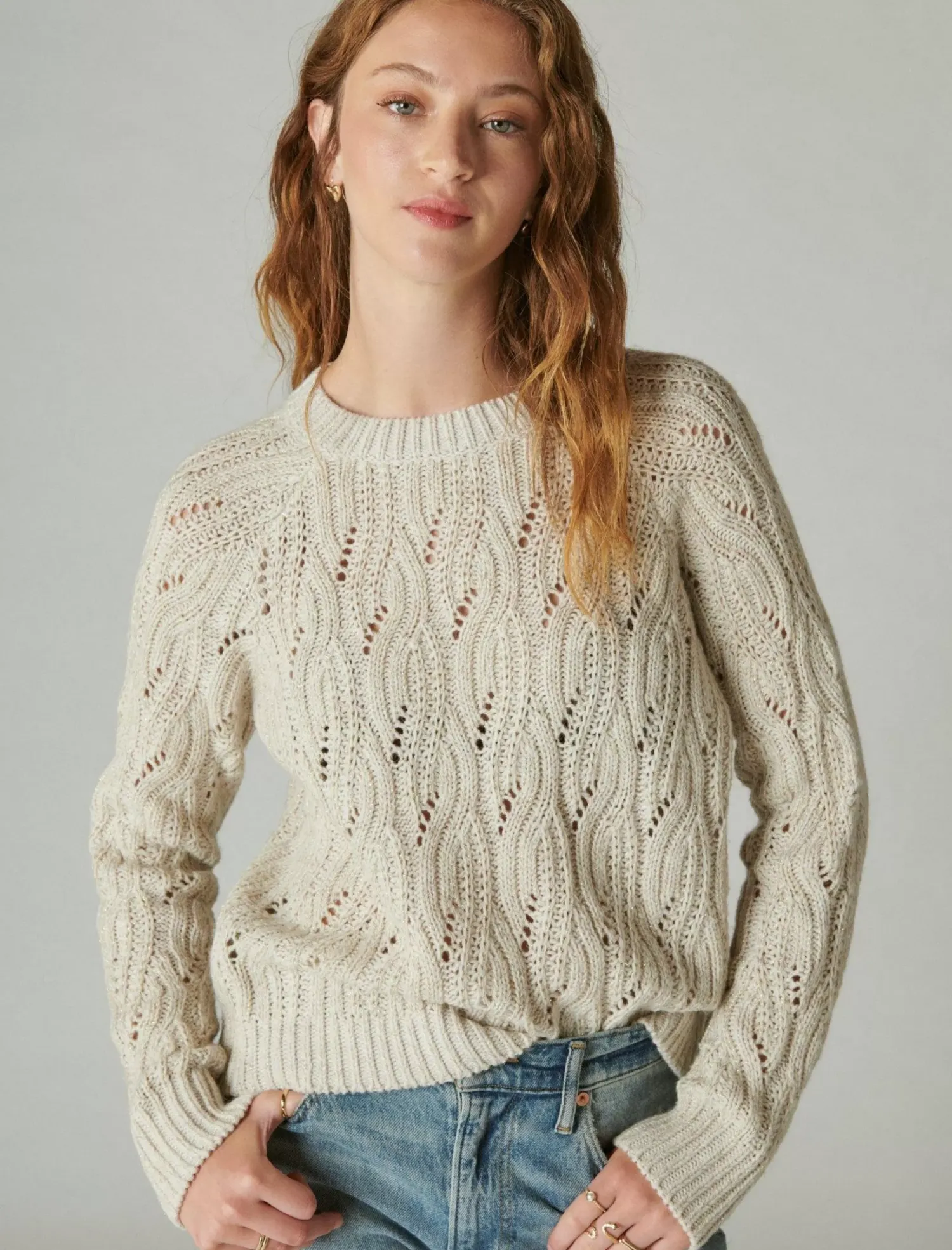 Lucky Brand cable stitch shine pullover straw heather*WOMEN Sweaters & Sweatshirts