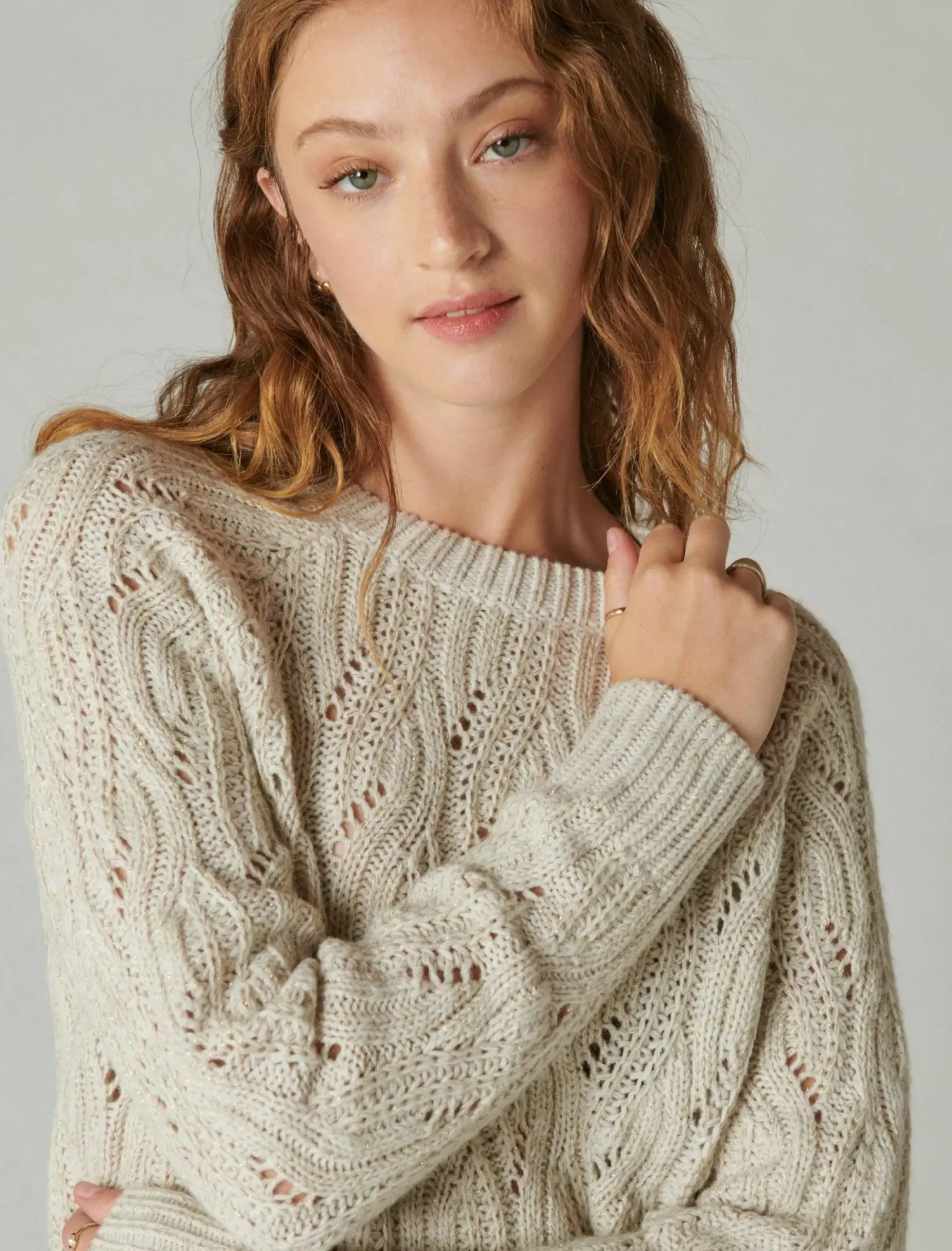 Lucky Brand cable stitch shine pullover straw heather*WOMEN Sweaters & Sweatshirts