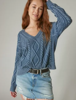 Lucky Brand cable stitch v neck pullover dark denim acid wash*WOMEN Sweaters & Sweatshirts