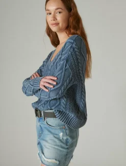 Lucky Brand cable stitch v neck pullover dark denim acid wash*WOMEN Sweaters & Sweatshirts