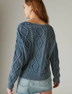 Lucky Brand cable stitch v neck pullover dark denim acid wash*WOMEN Sweaters & Sweatshirts