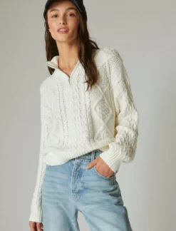 Lucky Brand cable zip mock neck sweater egret*WOMEN Sweaters & Sweatshirts