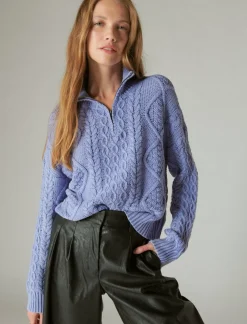 Lucky Brand cable zip mock neck sweater wash bleached denim*WOMEN Sweaters & Sweatshirts