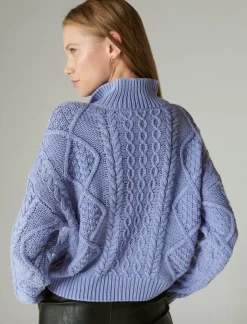 Lucky Brand cable zip mock neck sweater wash bleached denim*WOMEN Sweaters & Sweatshirts