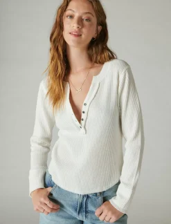 Lucky Brand chunky cropped raw edge henley whisper white*WOMEN Knit Tops