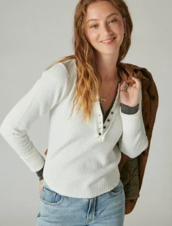 Lucky Brand chunky cropped raw edge henley whisper white*WOMEN Knit Tops