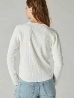 Lucky Brand chunky cropped raw edge henley whisper white*WOMEN Knit Tops