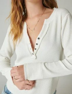 Lucky Brand chunky cropped raw edge henley whisper white*WOMEN Knit Tops