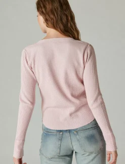 Lucky Brand chunky cropped raw edge henley lilac sachet*WOMEN Knit Tops
