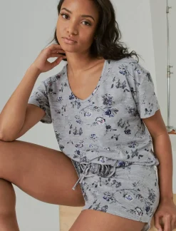 Lucky Brand cinched hem tee & curved hem short set dark grey*WOMEN Intimates & Sleepwear