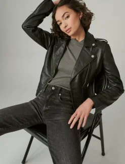 Lucky Brand classic leather moto jacket washed black*WOMEN Jackets & Outerwear