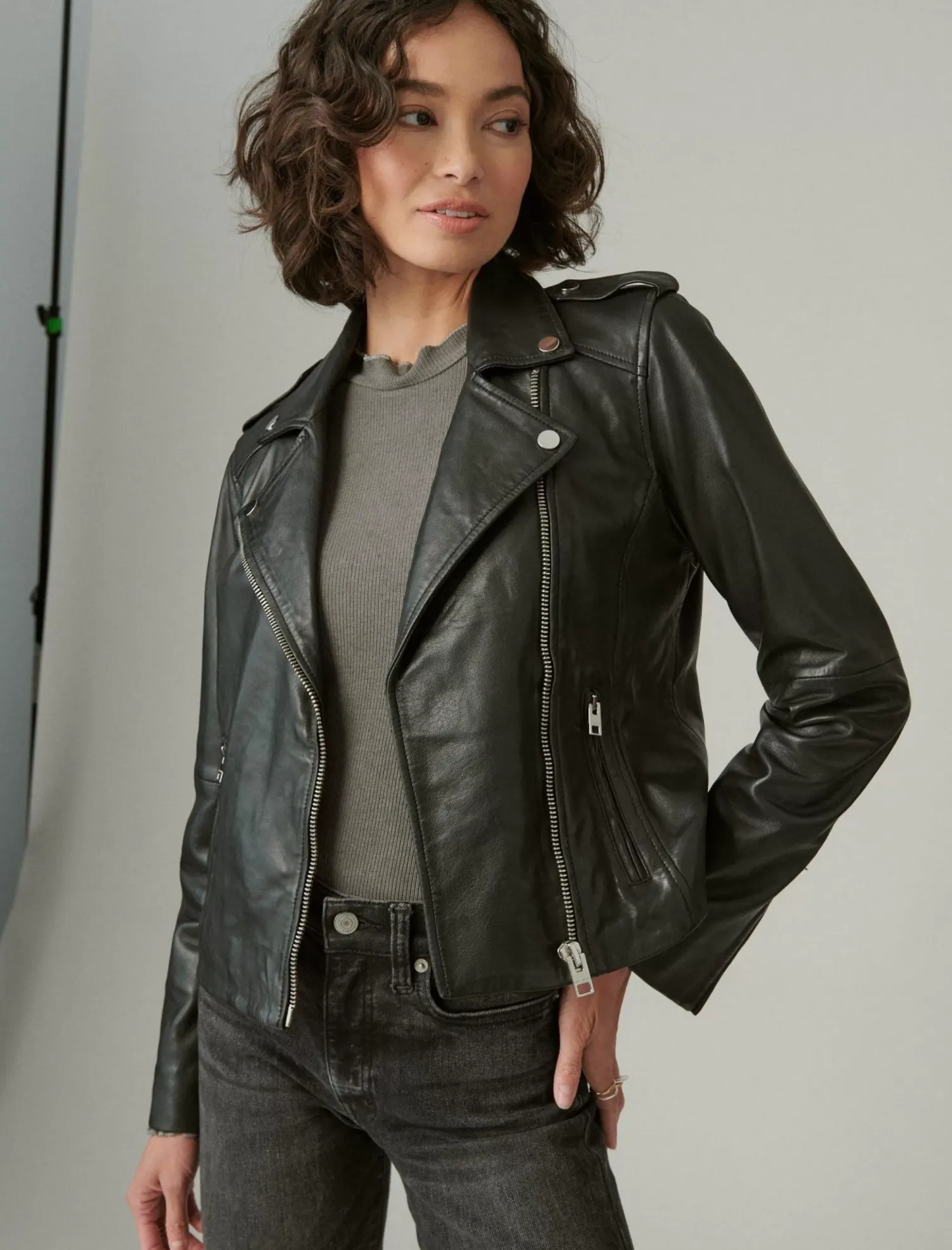 Lucky Brand classic leather moto jacket washed black*WOMEN Jackets & Outerwear