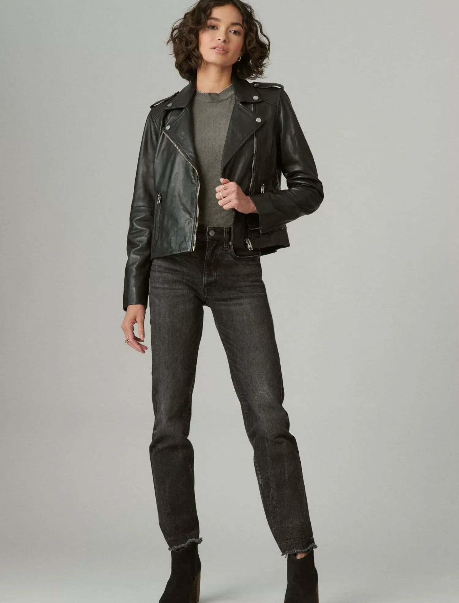 Lucky Brand classic leather moto jacket washed black*WOMEN Jackets & Outerwear