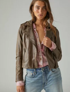 Lucky Brand classic leather moto jacket brown beige*WOMEN Jackets & Outerwear