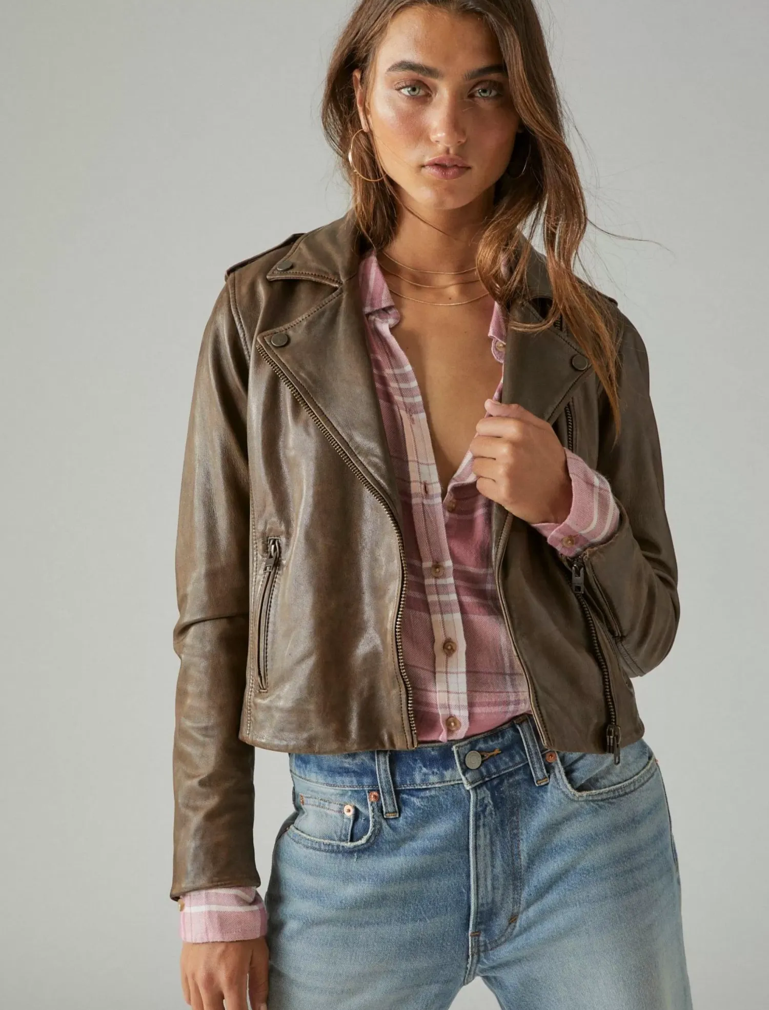 Lucky Brand classic leather moto jacket brown beige*WOMEN Jackets & Outerwear