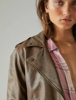 Lucky Brand classic leather moto jacket brown beige*WOMEN Jackets & Outerwear