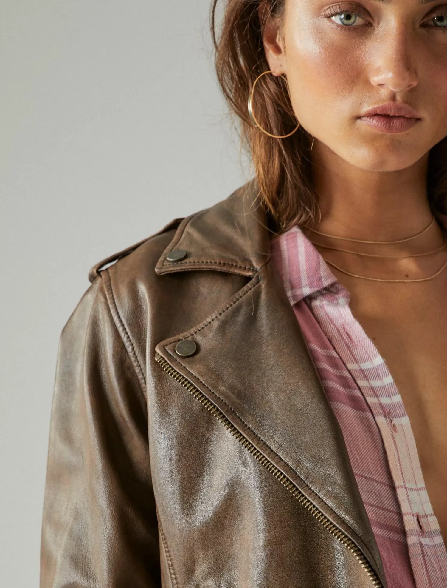 Lucky Brand classic leather moto jacket brown beige*WOMEN Jackets & Outerwear