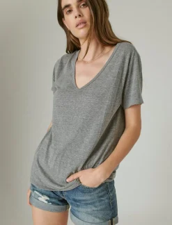 Lucky Brand classic v-neck light heather grey (b03)*WOMEN Graphic Tees