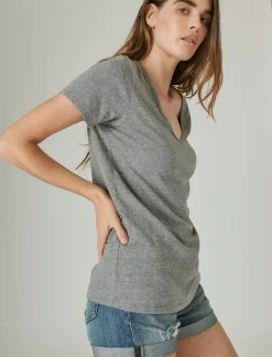 Lucky Brand classic v-neck light heather grey (b03)*WOMEN Graphic Tees
